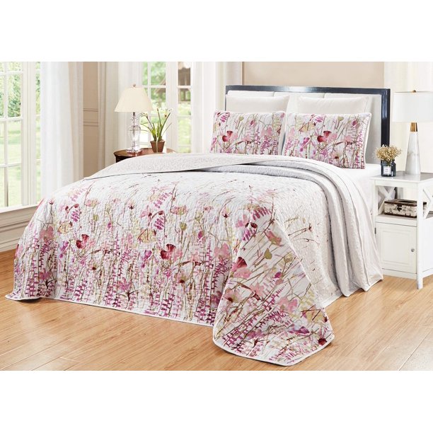 GrandLinen - Juego de edredón de 3 piezas con estampado fino de gran tamaño (115 x 95), colcha reversible (California), funda de cama tamaño King (púrpura, verde salvia, blanco abstracto)