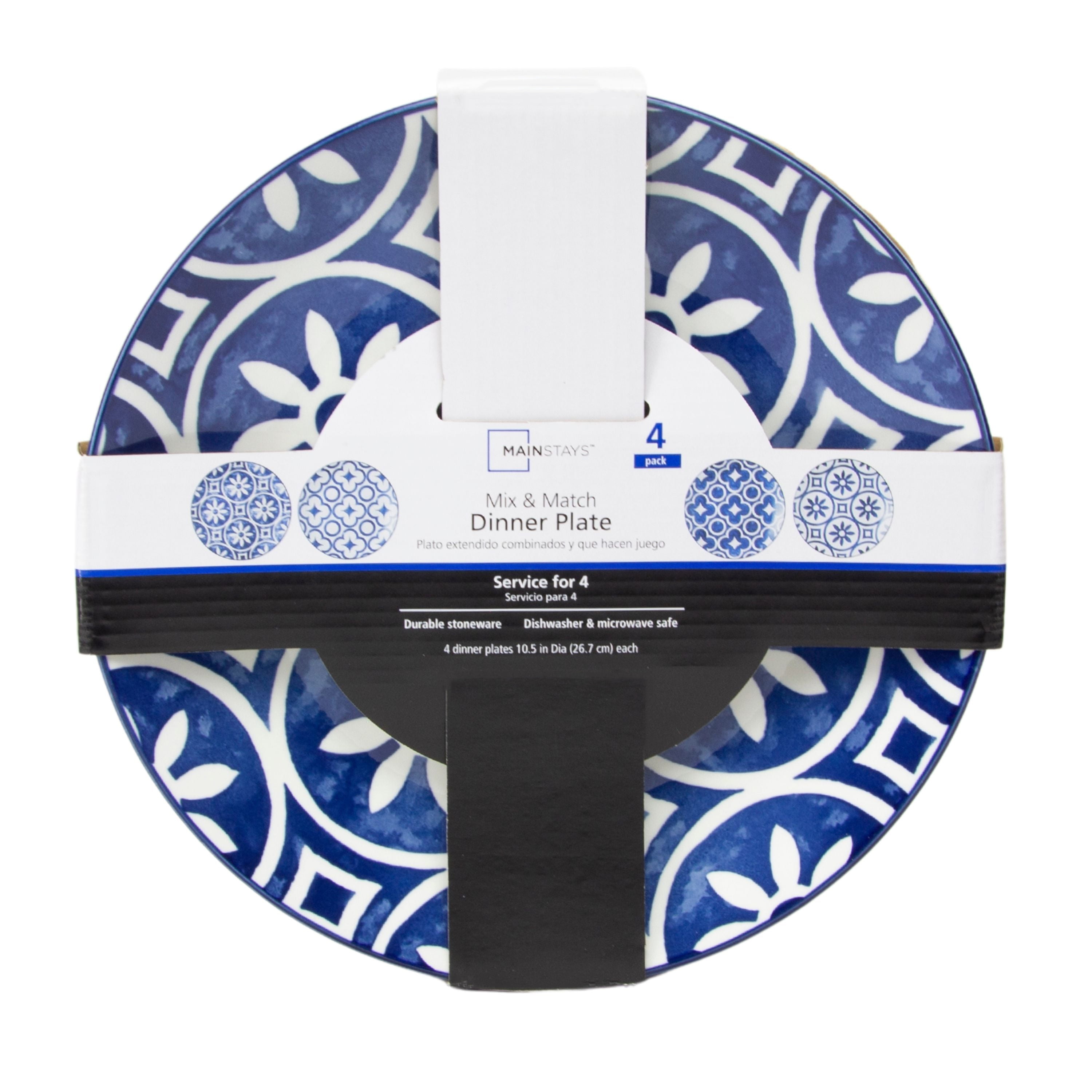 (2 pack) Mainstays Blue Rim Mixed White and Blue 10.5" Coupe Dinner Plates, Set of 4