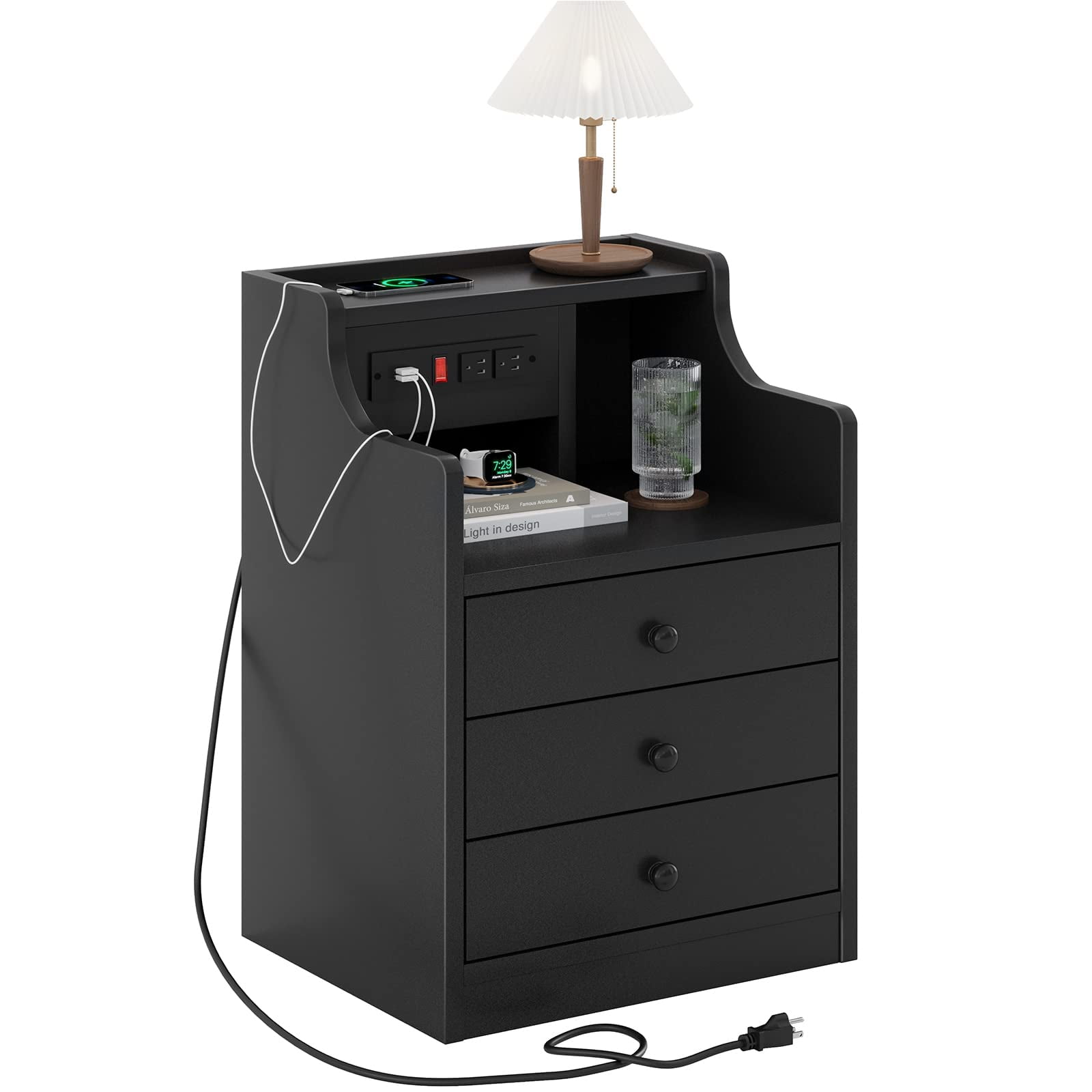 Afuhokles Nightstand Set of 2 with Charging Station, Bedside Table with Hutch and Storage Drawers, Black