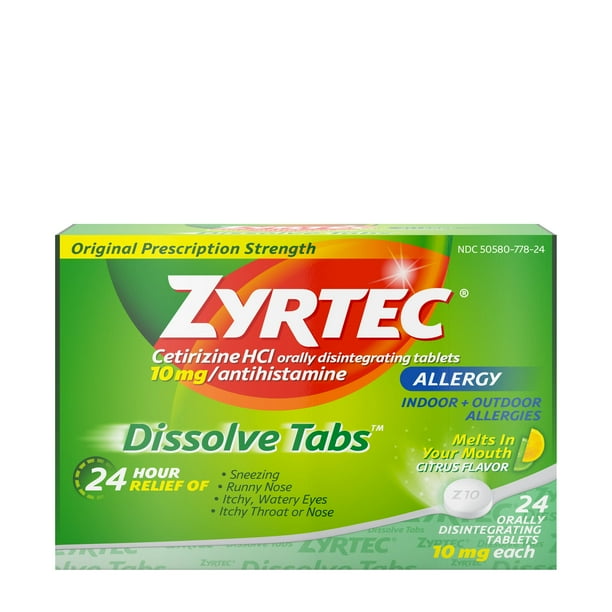 Zyrtec Allergy Dissolve Tablets in Citrus Flavor, Cetirizine HCl, 24 ct