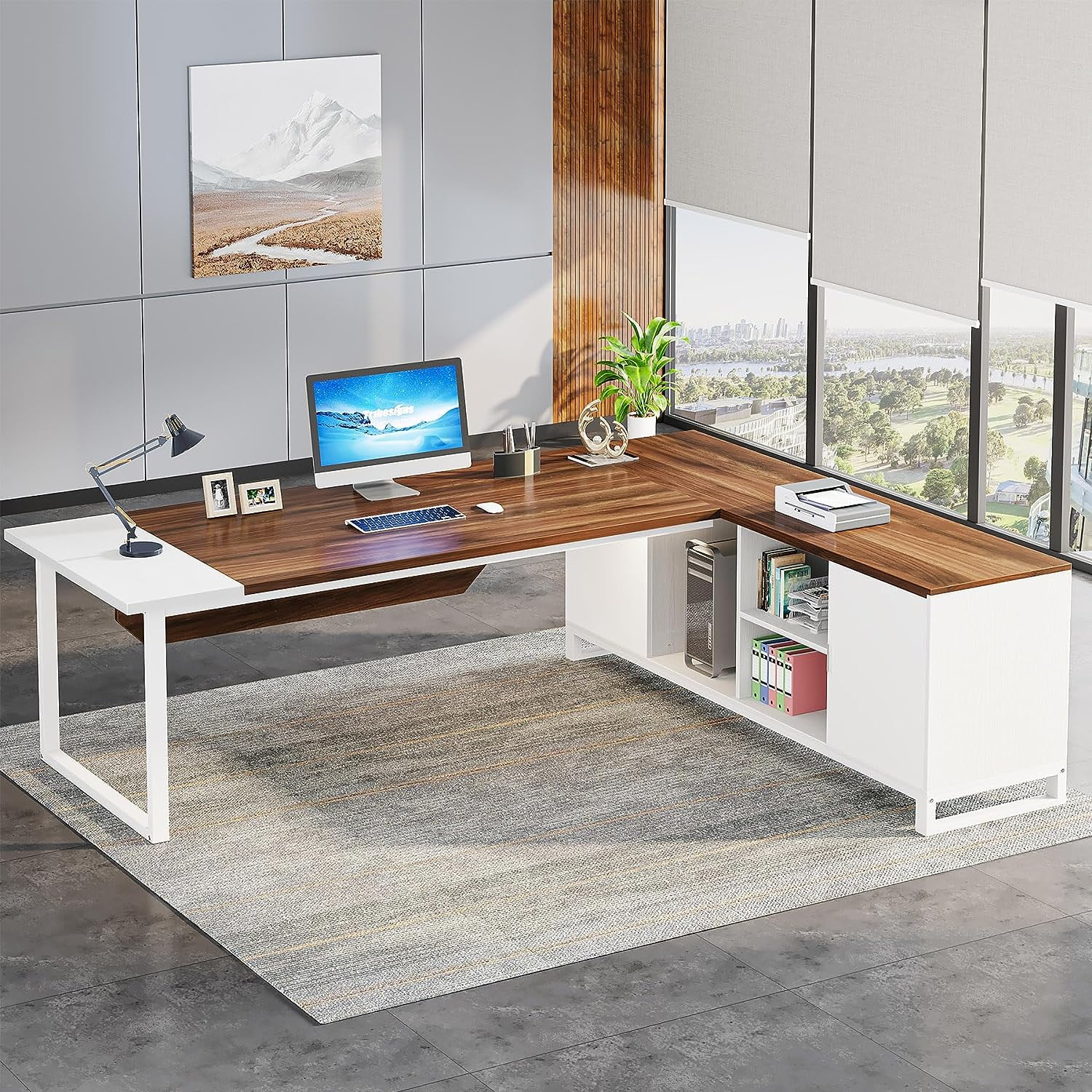 Tribesigns 70.8" L-Shaped Executive Desk with 55" File Cabinet, Large Home Office Computer Desk with Storage Shelves and Cabinet, Modern Business Furniture Set Home Office Workstation, Walnut White