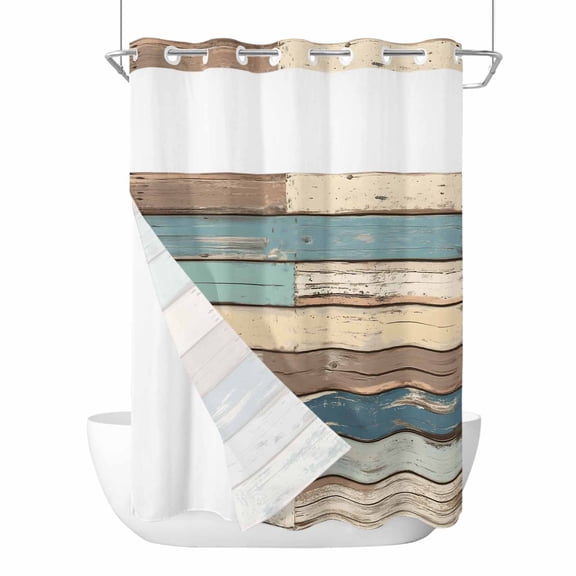 No Hook Shower Curtains with Detachable Snap-in Liner Set, Blue Brown Beige Farmhouse Waterproof Hotel Style Bathroom Shower Curtain, Vintage Wood Breathable Mesh Top Window Bath Curtains 72''x84''