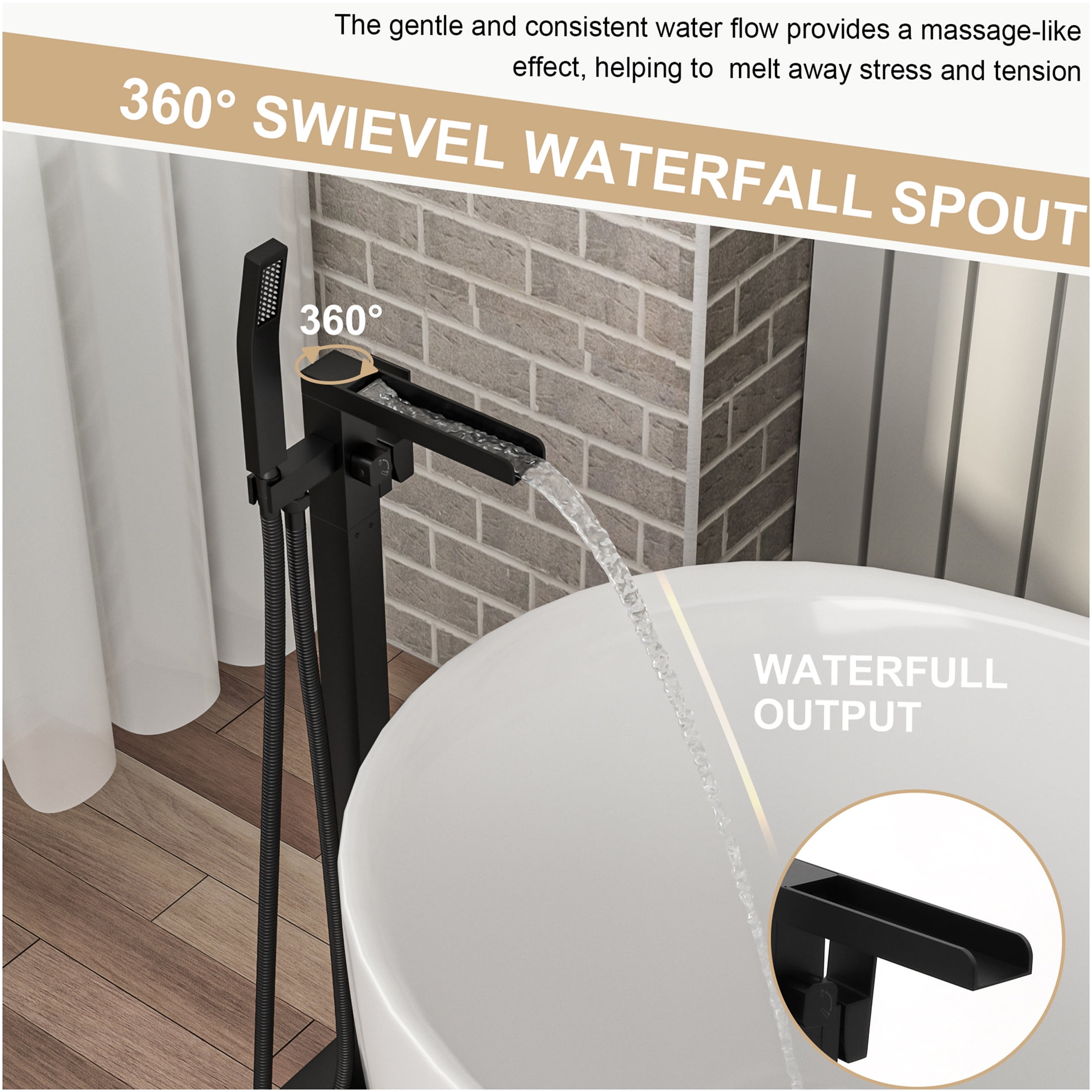 JERFIT Floor Mounted Tub Filler with Hand Shower, 360° Rotatable Matte Black Waterfall Spout, Solid Brass Freestanding Bathtub Faucet for Modern Bathroom