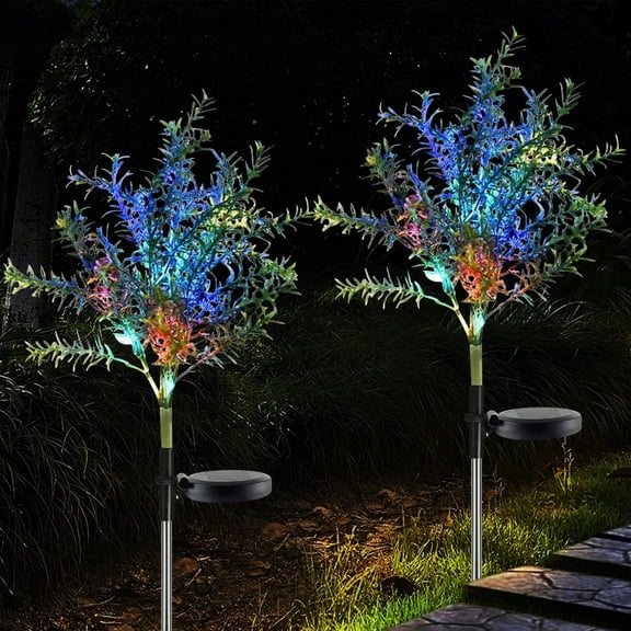 2 Pack Solar Christmas Tree Lights Outdoor, Color Changing LED Solar Flickering Pine Lights for Patio Lawn Pathway Decoration