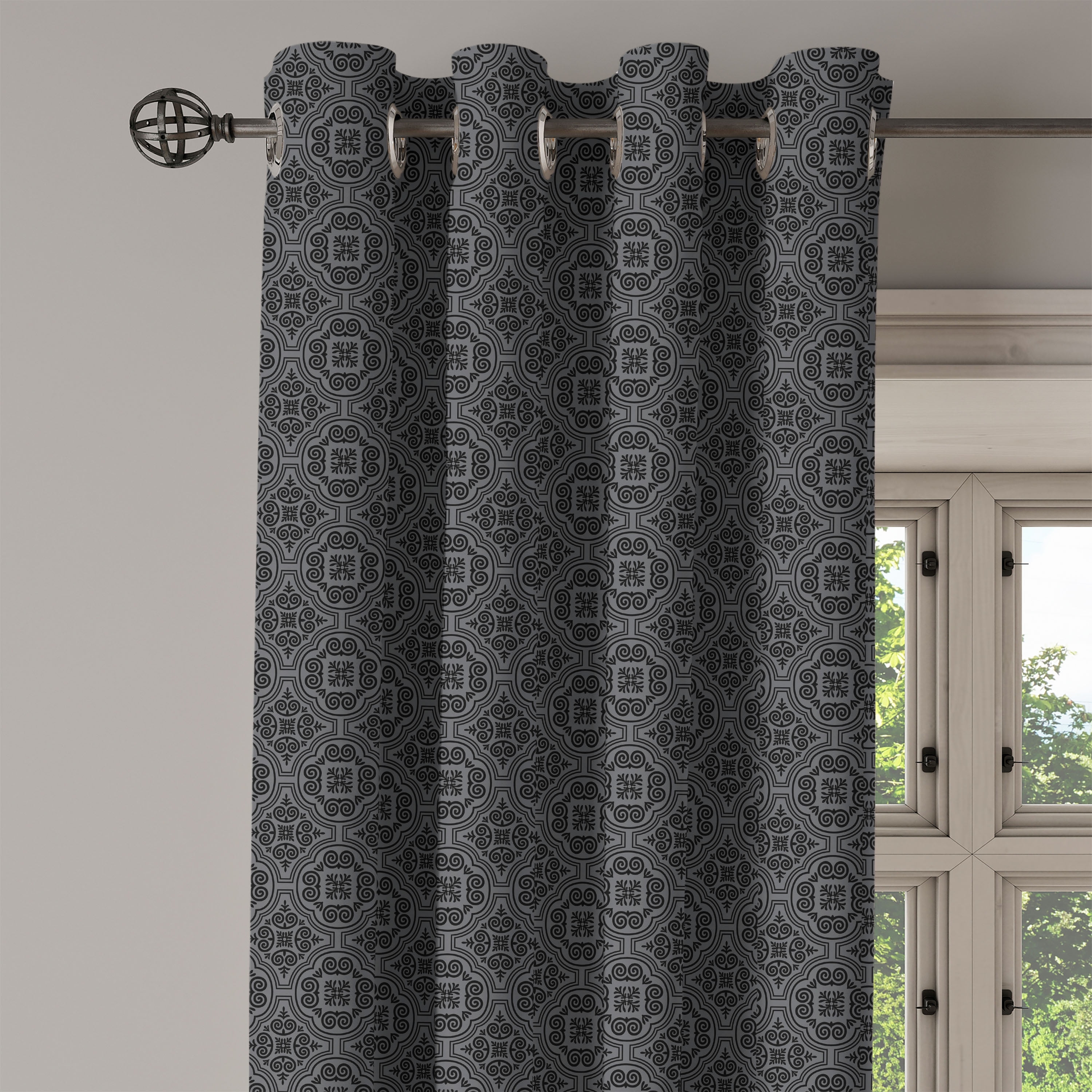Dark Grey Grommet Curtain, Baroque Venetian Flower Motifs Medieval ...