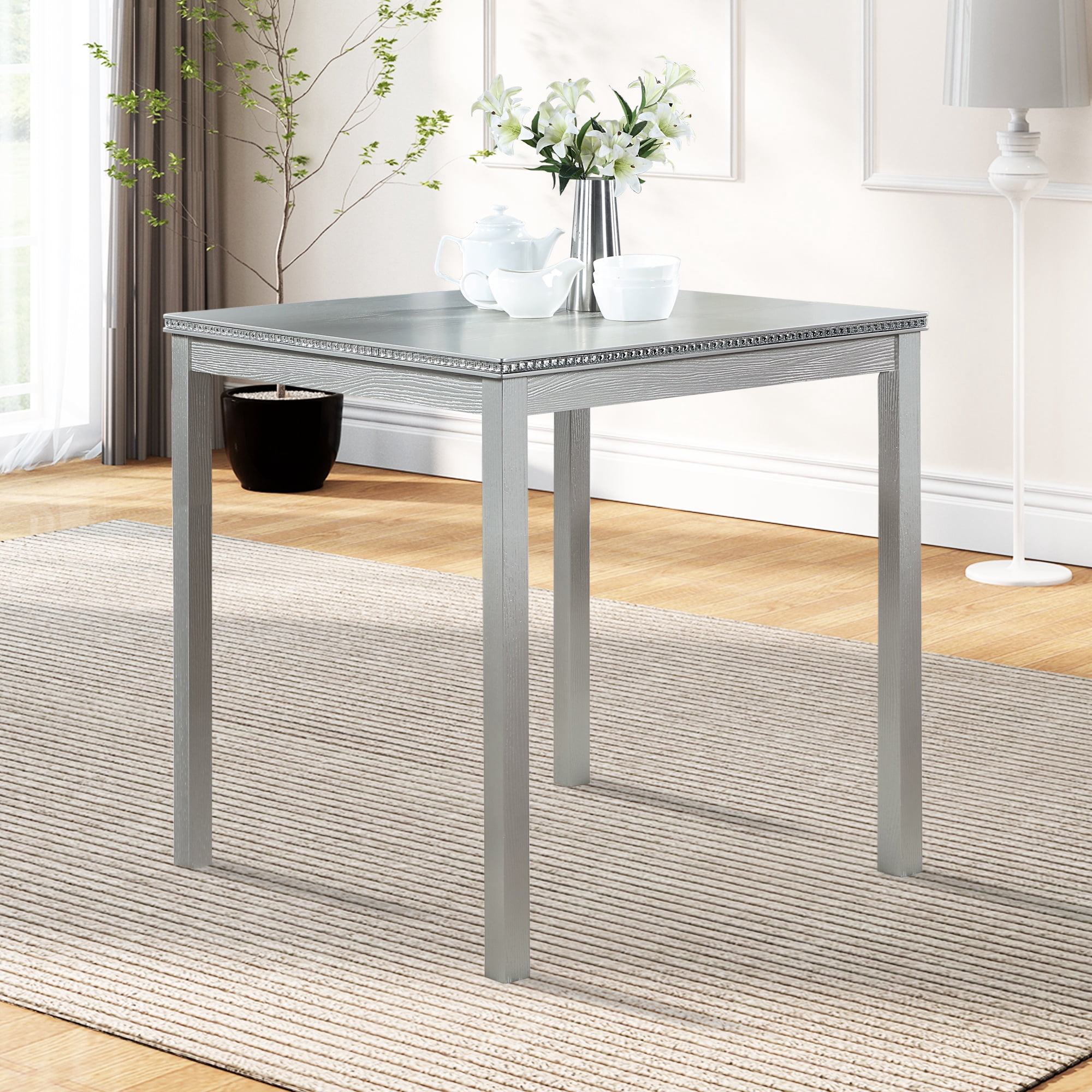 PAPROOS Solid Wood Dining Table, Counter Height Square Kitchen Table for Small Space, Farmhouse Acacia Wooden Dinner Table for 4, Silver Gray(Only Table)