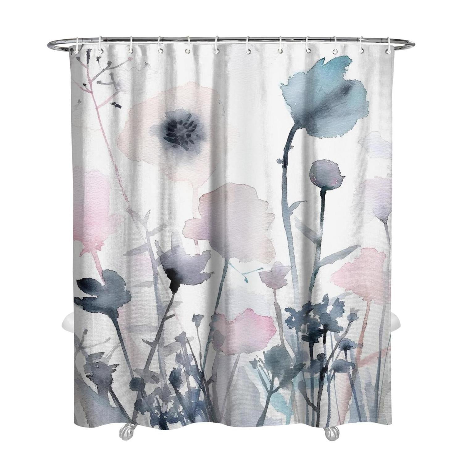Extra Long Shower Curtain 84 inch Length, Ink Blue Elegant Chic Floral Plant Shower Curtain Set