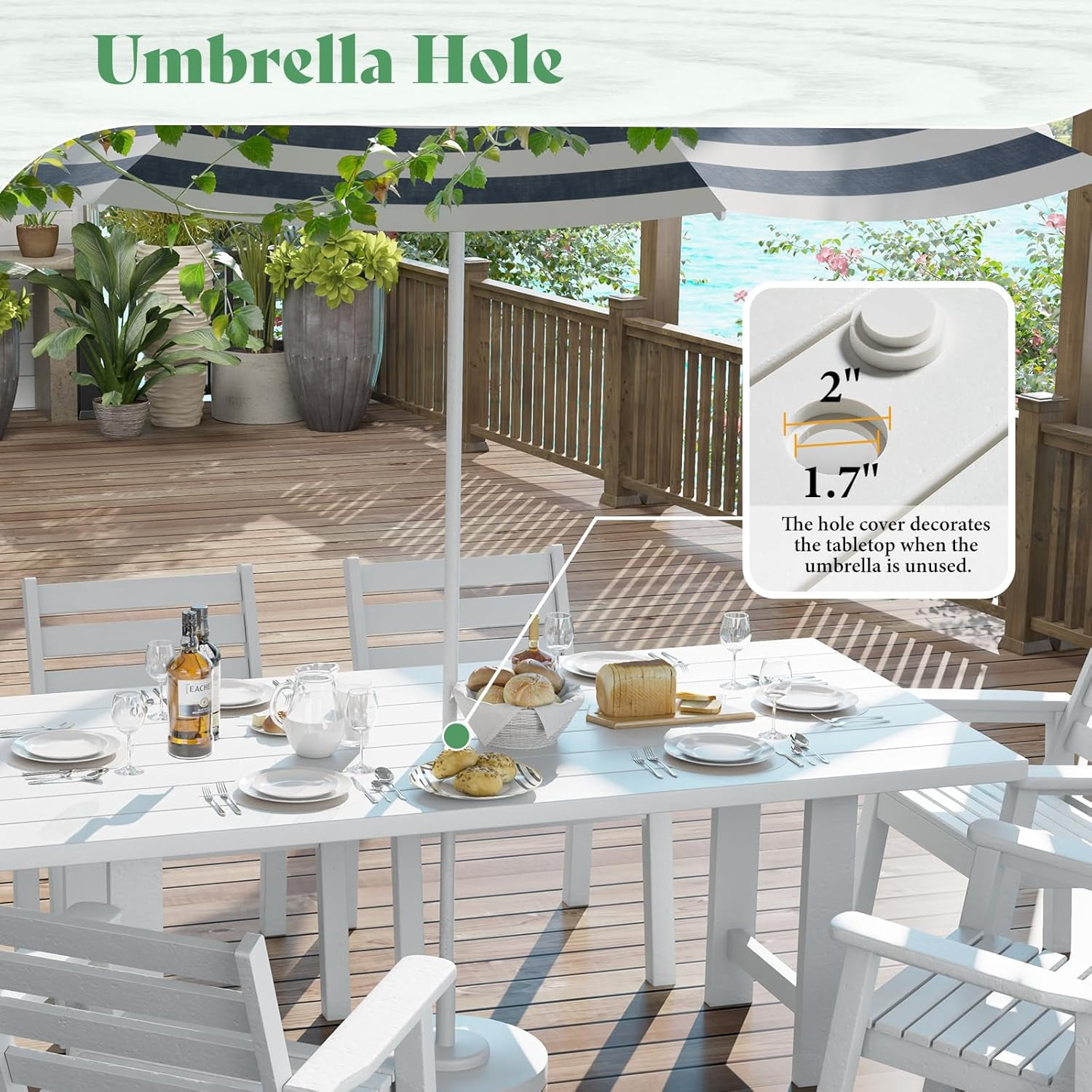 LUXOAK 7 Piece HDPE Outdoor Dining Set, 71" Table with 6 Chairs, Patio Furniture, White