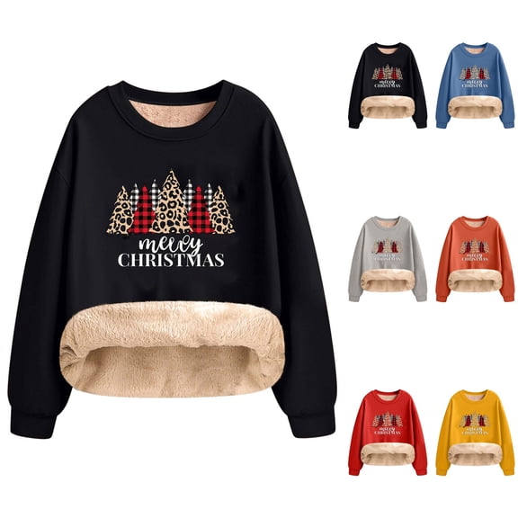 Rvkxad Womens Christmas Sweatshirt Soft Ribbed Drop Shoulder Crew Neck Long Sleeve Graphic Plaid Letter Casual Comfy Holiday Oversized Fleece-Lined Top Black 3XL