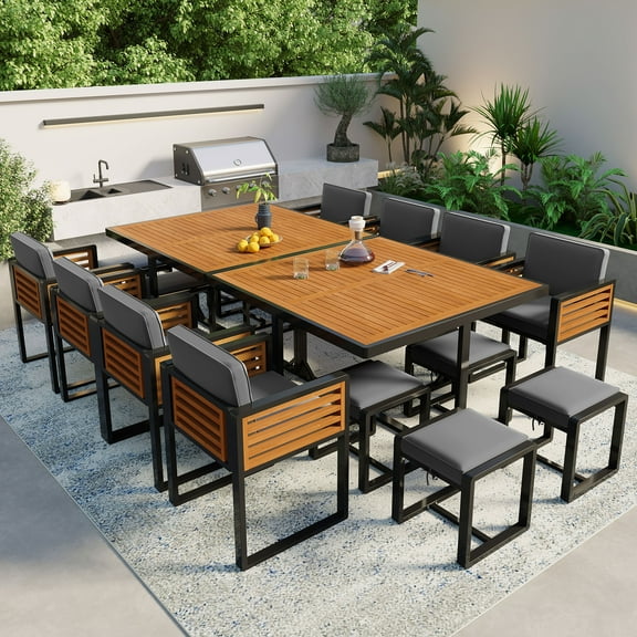 Euroco 18-Pieces Acacia Wood Patio Dining Set, Space Saving Outdoor Patio Set, 8 Cushioned Chairs & 8 Ottomans & 2 Square Table, for Backyard, Garden, Deck and Poolside,Gray