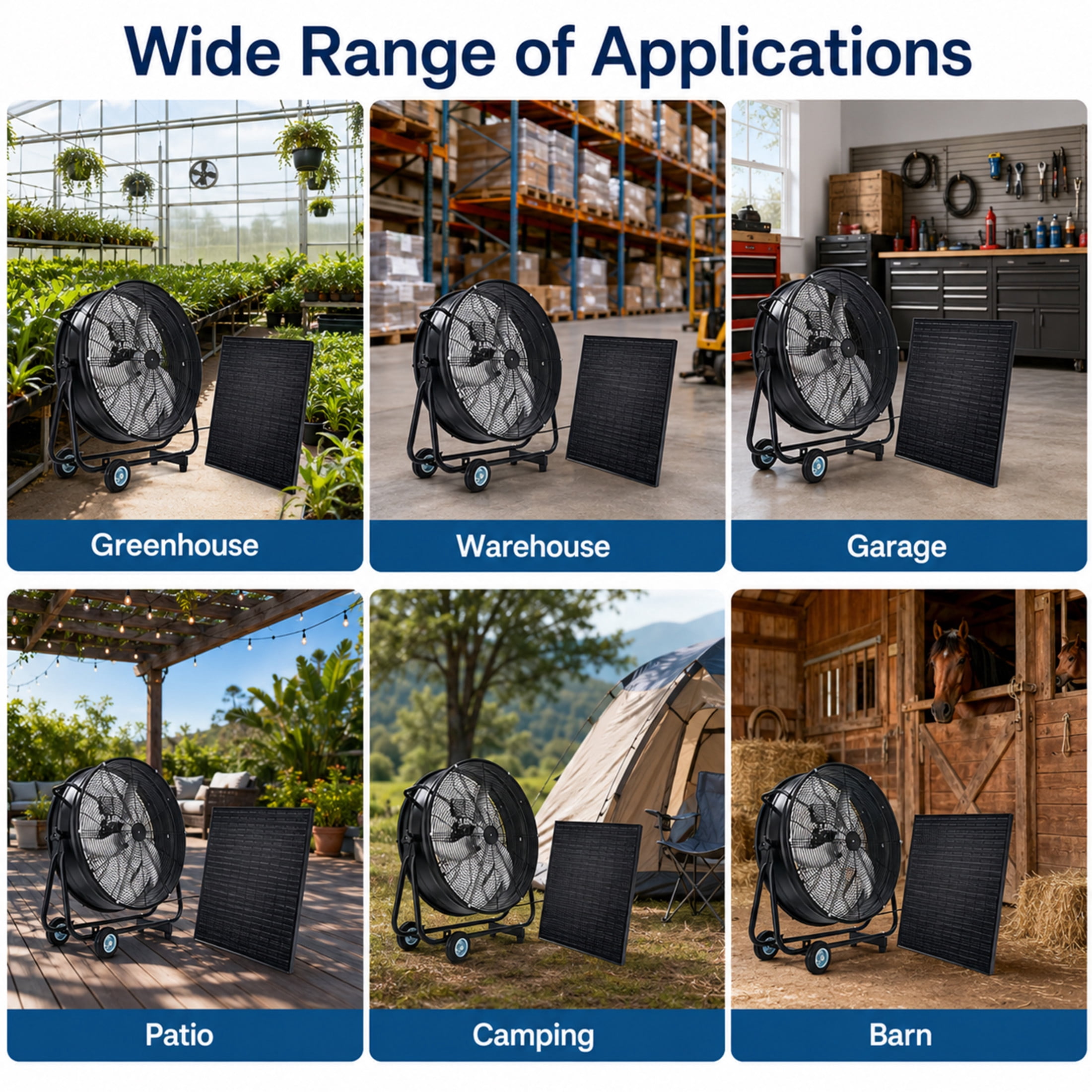 Noble House 30" Wheeled Solar Barrel Fan, 140W Adjustable Panel High Airflow Industrial Worksite Ventilator, Black