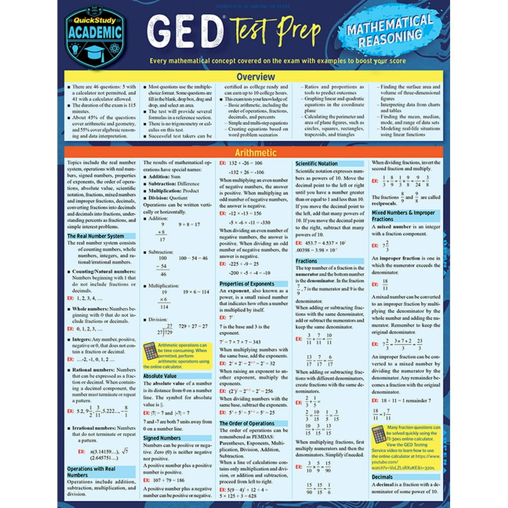 GED Test Prep Mathematical Reasoning A Quickstudy Laminated