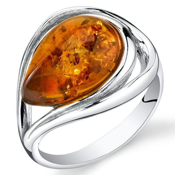 PEORA Genuine Baltic Amber Teardrop Statement Ring for Women in Sterling Silver, Rich Cognac Color, Open Halo Swirl Design, Comfort Fit, Size 9