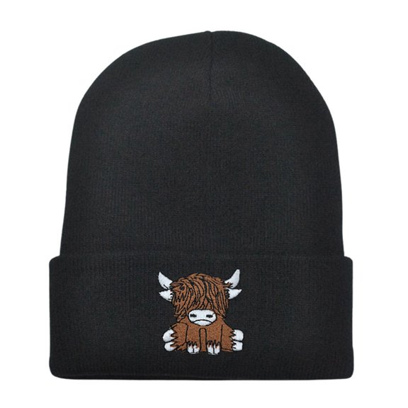 OOOUM Unisex Highland Cow Embroidered Knit Beanie Soft Stretchy Warm Winter Skull Cap Outdoor Daily Casual Hat For Men Women Black