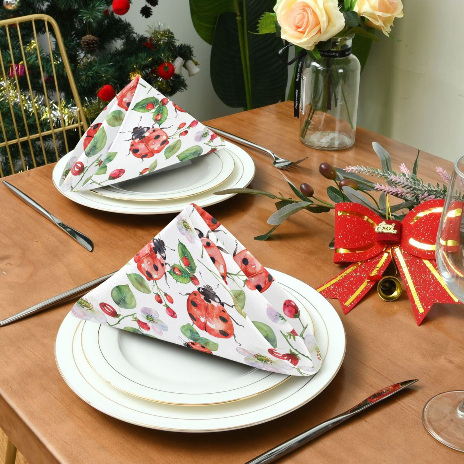 JSTEL Lady Bug Flower Leaf Cloth Napkins Set of 6, 20x20 Inch Washable and Reusable Napkin for Decoupage Dinner Party Everyday Use