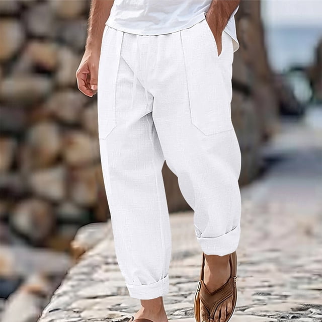 Pantalones largos para hombre, de ocio, de color liso, con botones, cintura elástica y cordón ajustable, de poliéster.