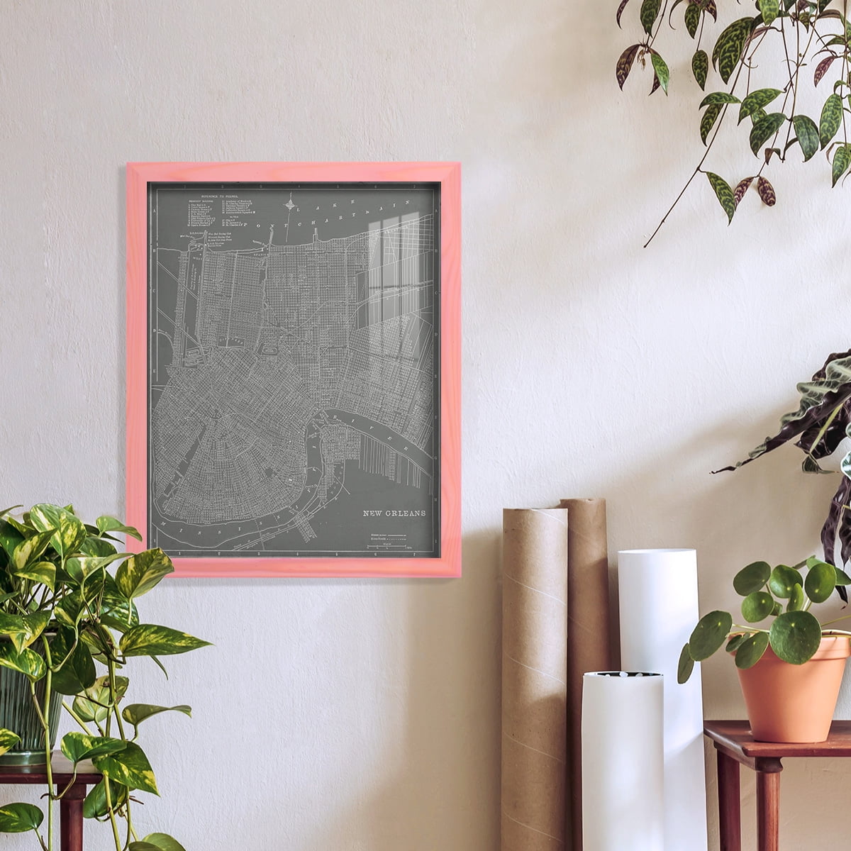 City Map of New Orleans -Framed Print w/glass-Sunset Pink