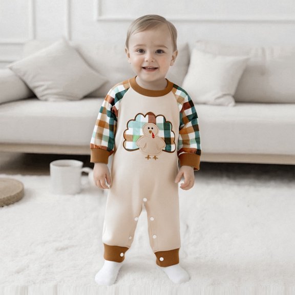 CUZIBR Boys Outfits Cartoon Print Crewneck Thanksgiving Turkey Applique Jumpsuit Plaid Color Long Sleeve Romper Toddler Clothes Sets,Beige,12-18 Months