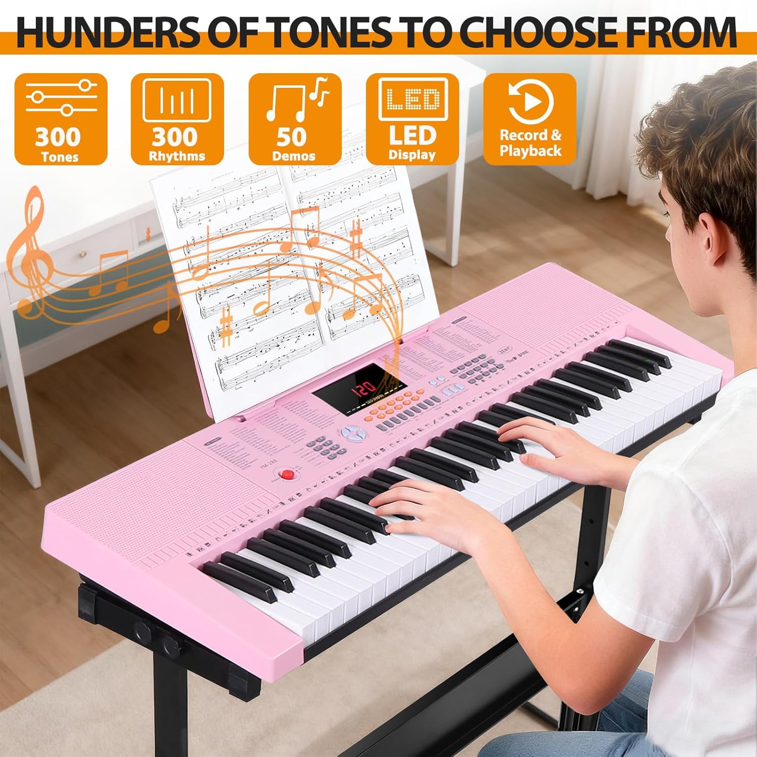 HarmonyStrings 61-Key Portable Electric Keyboard Piano with Built In Speakers, LED Screen, Headphones, Microphone, Piano Stand, Music Sheet Stand and Stool Pink