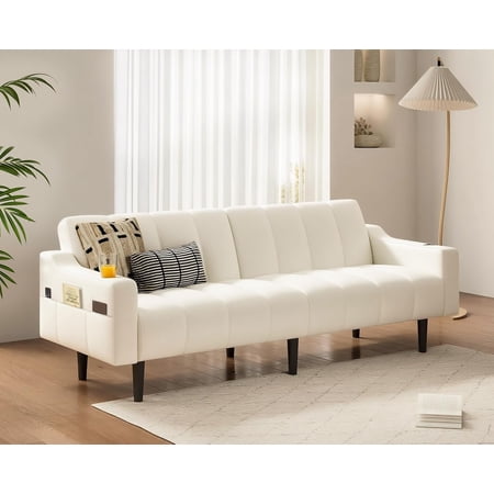 80'' Futon Sofa Bed, Faux Leather Sleeper Couch, Convertible Loveseat with Adjustable Sofa Backrest, Modern Couches for Living Room, Bed Room, Apartment, Office (Beige)