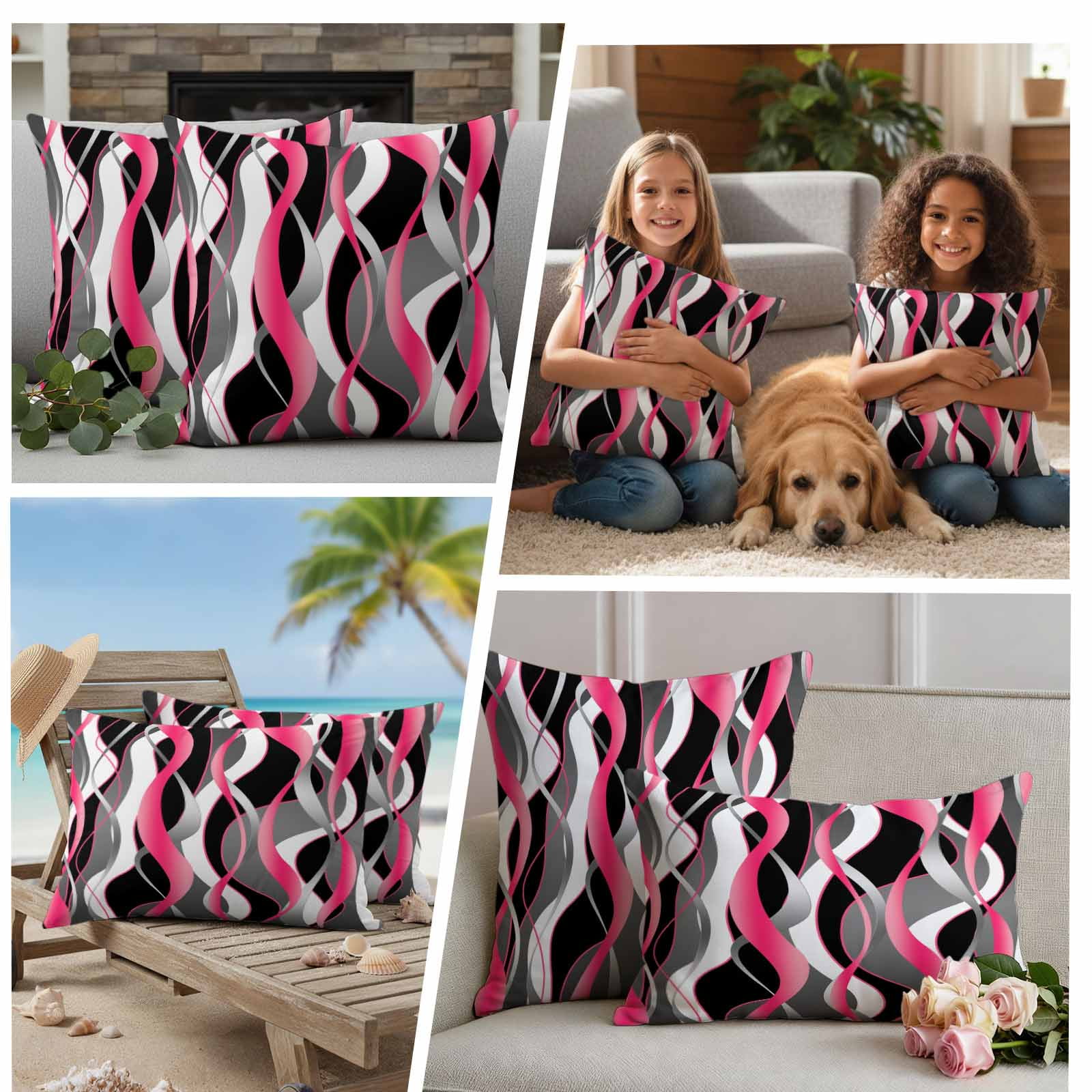 Pink Stripe Outdoor Waterproof Pillow Covers, Gradient Grey Moire Geometric Modern Abstract Decorative Square Throw Pillowcase Sofa Cushion Sham for Patio/Couch/Chair, 16"x16" 2 Pack