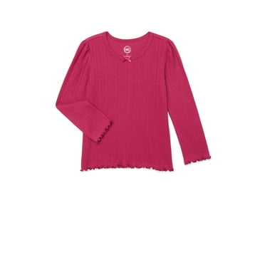 Wonder Nation Little Girls Long Sleeve Ribbed Lettuce Edge Tee, Sizes 4-10