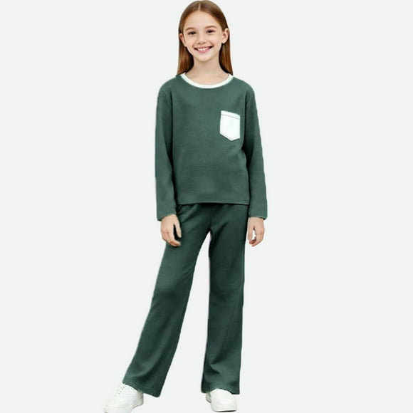 Conjuntos de blusas y camisas de cuello redondo y manga larga para niños Invierno Conjunto de dos piezas de ropa de casa de color liso Camisas de manga larga Pantalones largos y pijamas Top de poliést