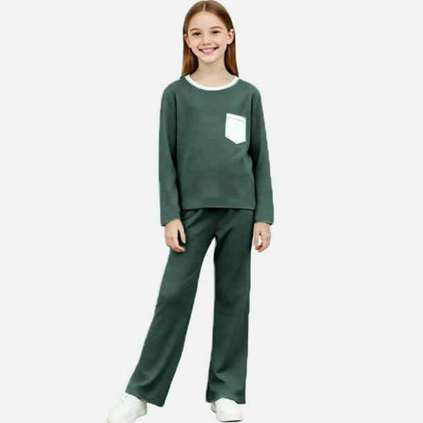 Conjuntos de blusas y camisas de cuello redondo y manga larga para niños Invierno Conjunto de dos piezas de ropa de casa de color liso Camisas de manga larga Pantalones largos y pijamas Top de poliést