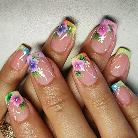 Square Flower Fake Nails Glues On Nails Artificial Acrylic Nails 12 Size 24pcs On Nails for Womens