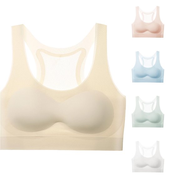 Krdevn Girls Seamless Sports Training Bra, Fixed‑Cup Wireless Bralette, Breathable Shockproof Undergarment for Junior Students,Light Yellow