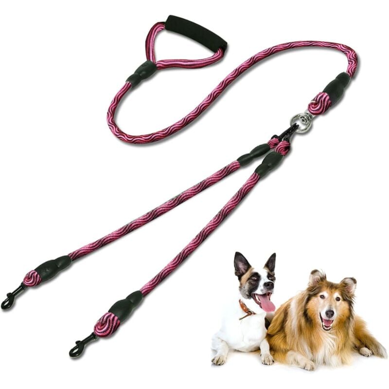 Double Dog Leash, 2 Dog Leash, Detachable Double Dog Leash Anti-Tangle Comfortable Grip Walking Training for Two Medium or Large Dogs (Red)