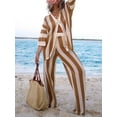 thumbnail image 4 of Women's Knit Crochet Loungewear Set, Stripe Print Half Sleeve V-Neck T-Shirt + Wide Leg Pants, 4 of 6