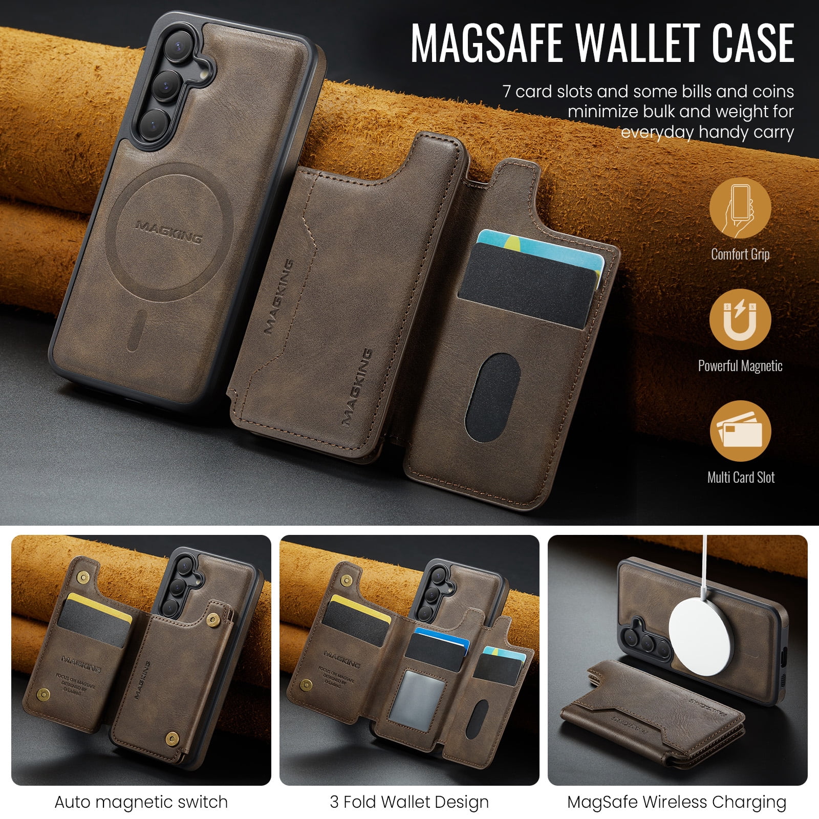 Designed for Samsung Galaxy S25 Wallet Phone Case,Magnetic Detachable Flip Card Holder,Back Flip Kickstand,Compatible with Mag-Safe,2-in-1 PU Leather Heavy Duty Shockproof Phone Case,Coffee