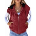 thumbnail image 3 of Women Cropped Hooded Zip Up Quilted Sleeveless Jackets Fall Light-Weight Coat with Pockets Wine Red S, 3 of 8
