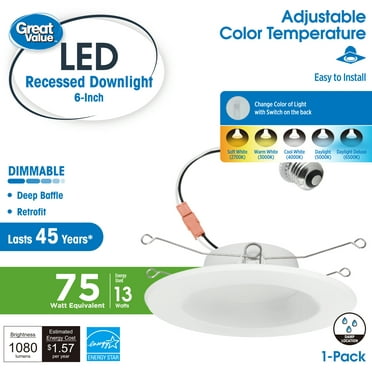 Great Value 6" LED Retrofit Downlight, 13-Watt (75W Replacement) CCT Selectable Dimmable E26 Base