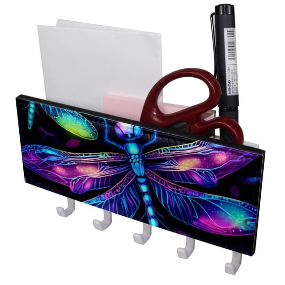 PhooArto Key Holder for Wall Decorative with 5 Key Hooks, Dragonfly Neon Pattern Holders Wall Mount Organizer with Mail Key Rack, Self Adhesive