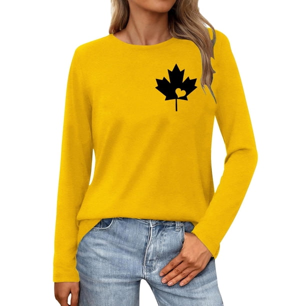 MHFRRA Camiseta de Manga Larga para Mujer con La Bandera del Día de Canadá y La Hoja de Arce Canadiense. Amarillo