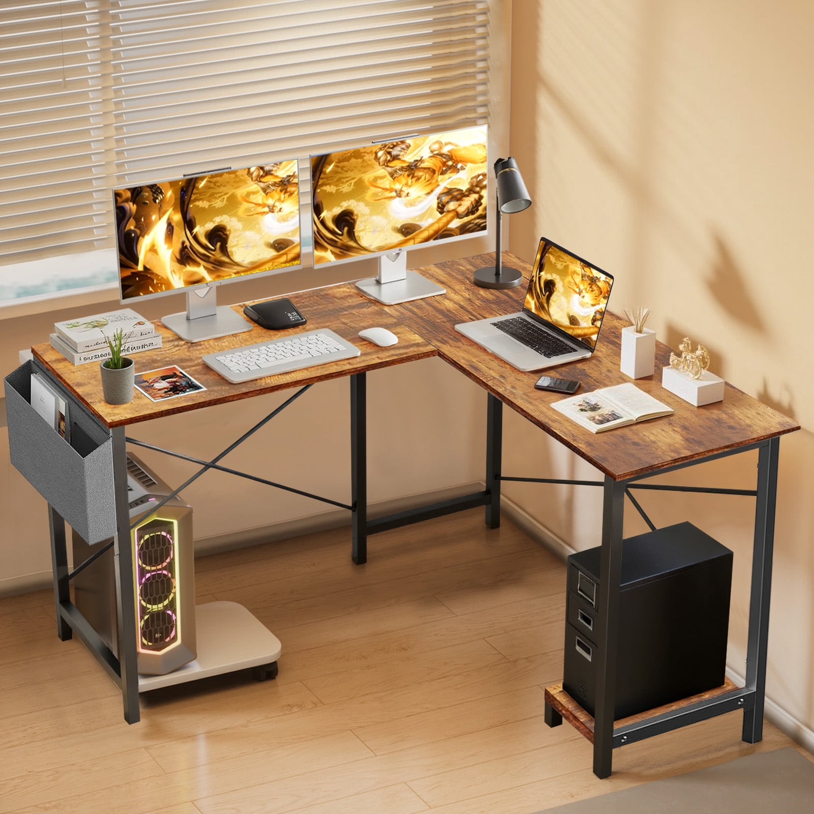 Sybels 50-inch L-Shaped Gaming Computer Desk with CPU Stand & Side Bag, Corner PC Workstation for Home Office, Small Space Saver,Rust