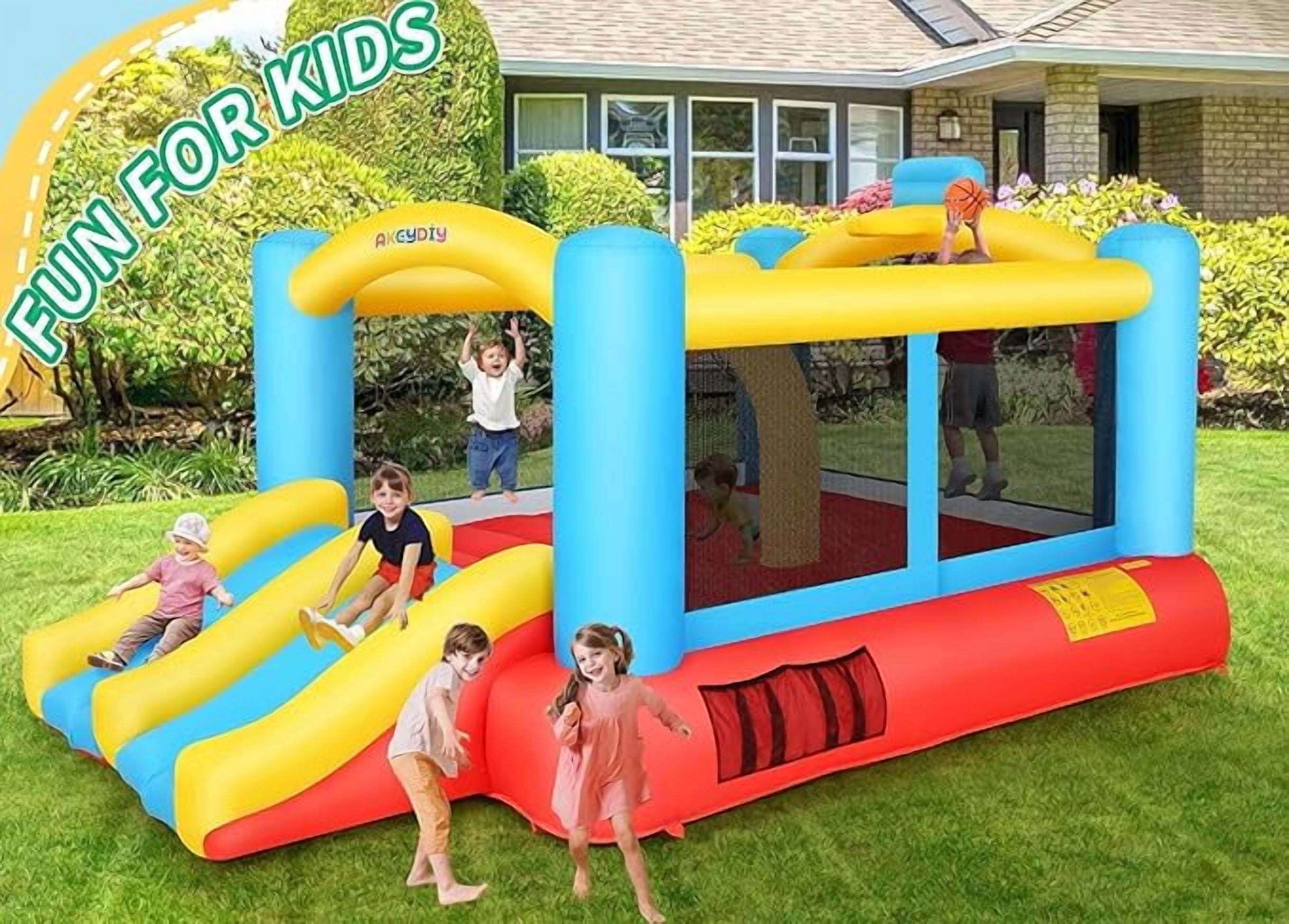 Adnoom Inflatable Bounce House, Children's Indoor/Outdoor Jumping Castle with 470W Blower, Compact Inflatable Bounce Castle with Double Slide, Basketball Hoop for Kids 3-10 Years