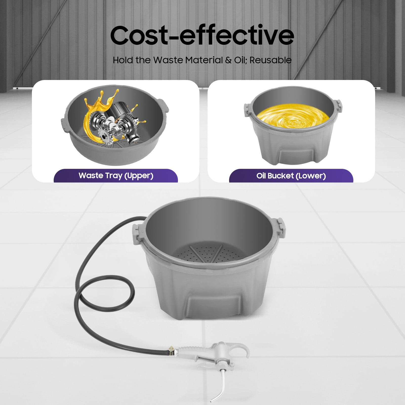 Oiler Bucket & Gun Set with 1Gal Capacity - Durable Plastic Oil Container for Pipe Threaders, 4.59ft Hose, Easy to Carry & Clean