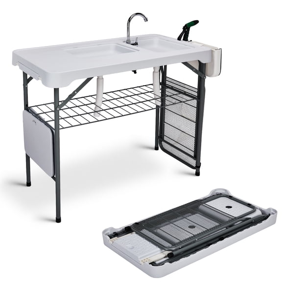 Ktaxon 42.5" Folding Fish Cleaning Table with Dual Sink, Camping Sink Table w/ Foldable Extension Stand, Faucet, Sprayer, Grid Rack & Hose Hook Up, Fish Fillet Cleaning Station for Picnic
