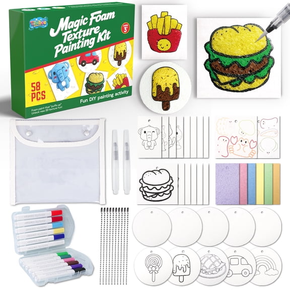 58 Pcs Magic Foam Texture Painting Kit, Magic Puffy Paint Kit–32 Pcs Foam Texture Paper, 12 Acrylic Markers, Magical 3D Effect Texture DIY Painting Set, Great Gifts for Kids Ages 3–8