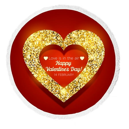 ABPHQTO Happy Valentine'S Day Card With Heart Round Beach Blanket with Tassels Beach Throw Towel Yoga Mat Picnic Blanket