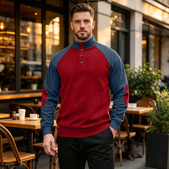 Men's Solid Color Corduroy Half Collar Shirts Brown Long Sleeve Lightweight Casual Loose Fit Streetwear Pullover
