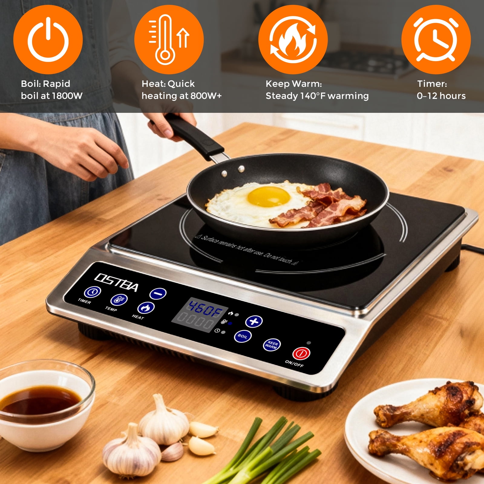 OSTBA 1800W Stainless Steel Induction Cooktop , Professional Commercial Countertop Induction Burner with 10″ Heating Coil, 10 Power Levels, 120–460°F Temp Control, 3-Hour Timer & Keep Warm