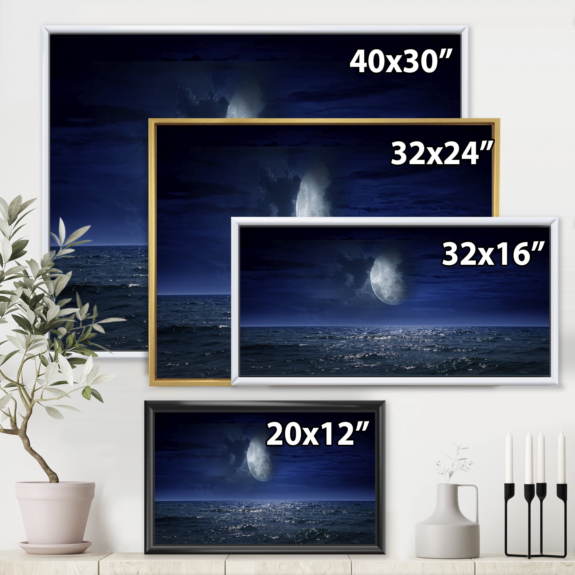 Designart 'Full Moon Night Over Dark Ocean' Nautical & Coastal Framed Canvas Wall Art Print