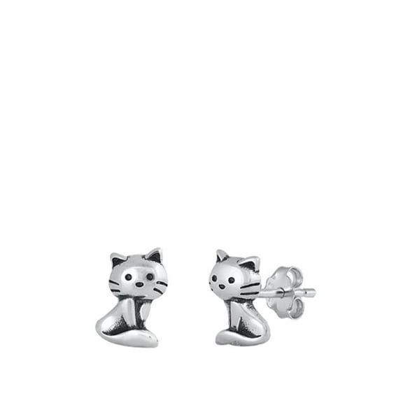Adorable Small Cat Animal Stud Earrings Oxidized High Polished Pet Post 925 New Silver Jewelry Female