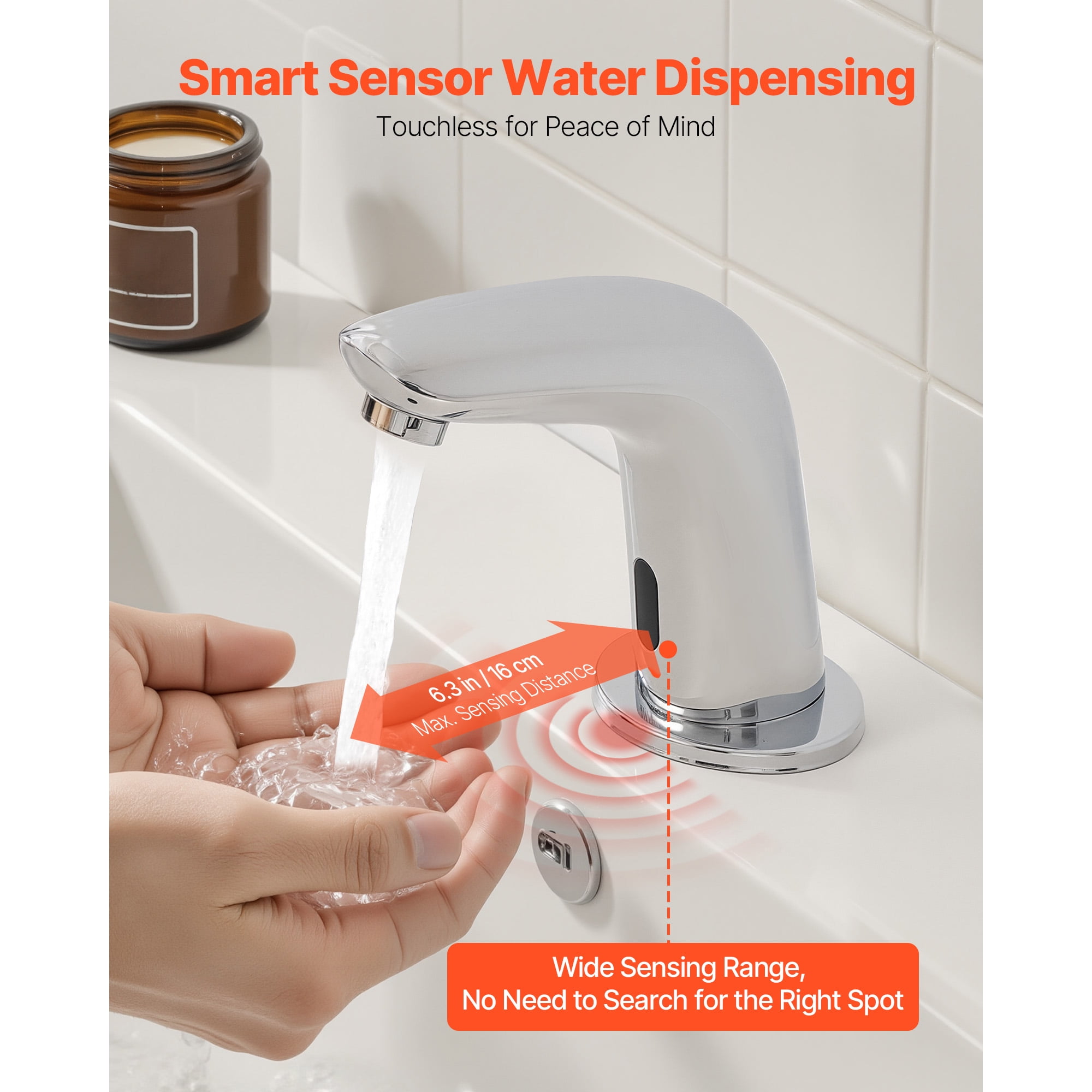 KFFKFF Touchless Bathroom Sink Faucet with Motion Sensor, Automatic Cold Water Restroom Faucet with Hole Cover Plate, Battery Powered for 9/16 in Pipe, Chrome Finish
