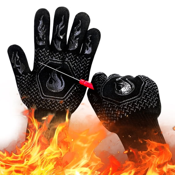 Heat Resistant Gloves, BBQ Gloves, 1472 ℉ High Temp Resistance Fireproof Glove for Grilling Barbecue, Washable Long Silicone Oven Mitts Extreme Hot Proof Mittens for Kitchen Cooking Baking, Black