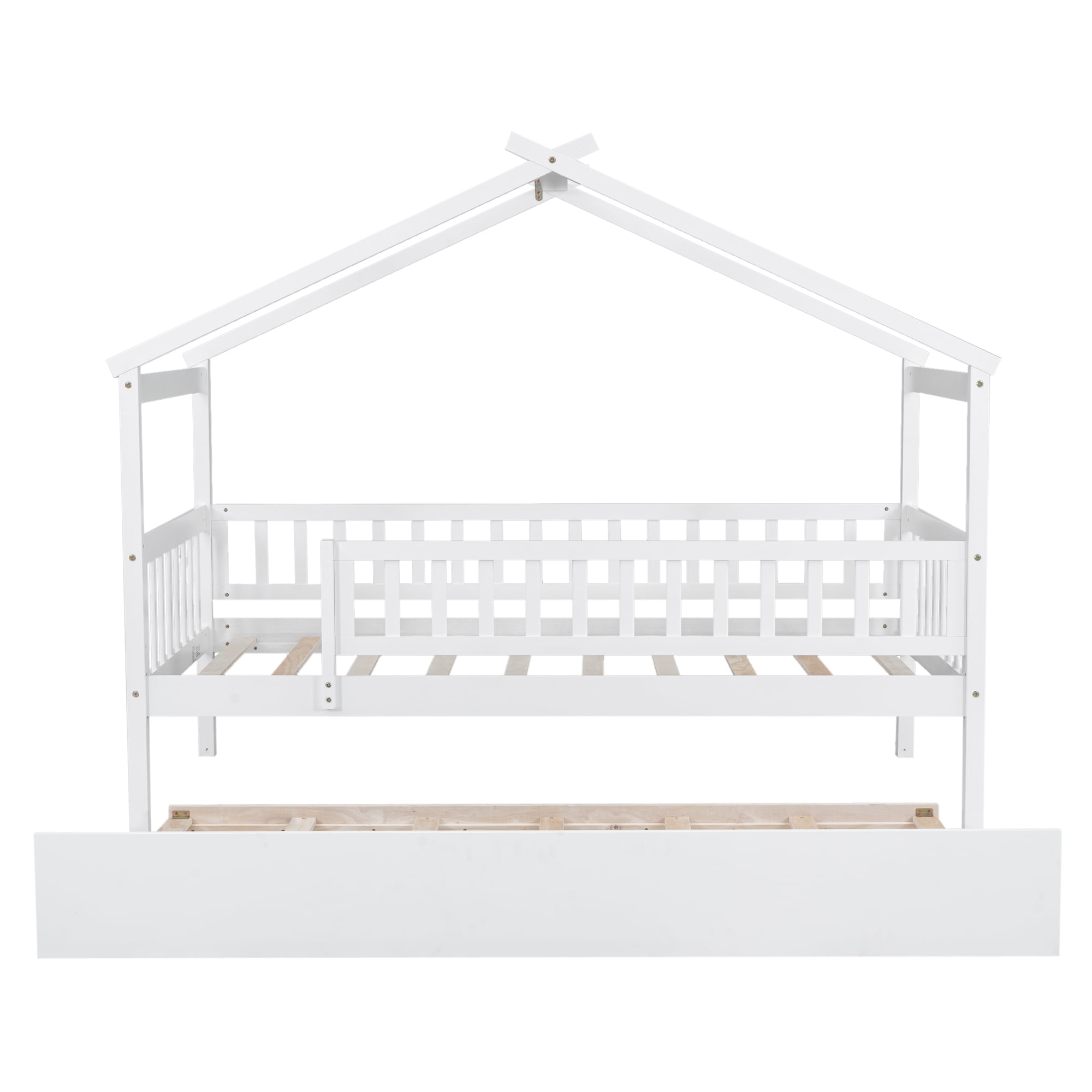Gewnee Pine Wood Twin Size House Bed with Trundle and Roof for Kids,White
